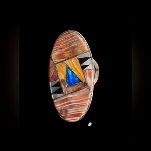 Vintage Signed CT Sterling Southwestern Inlay Ring Size 7.75